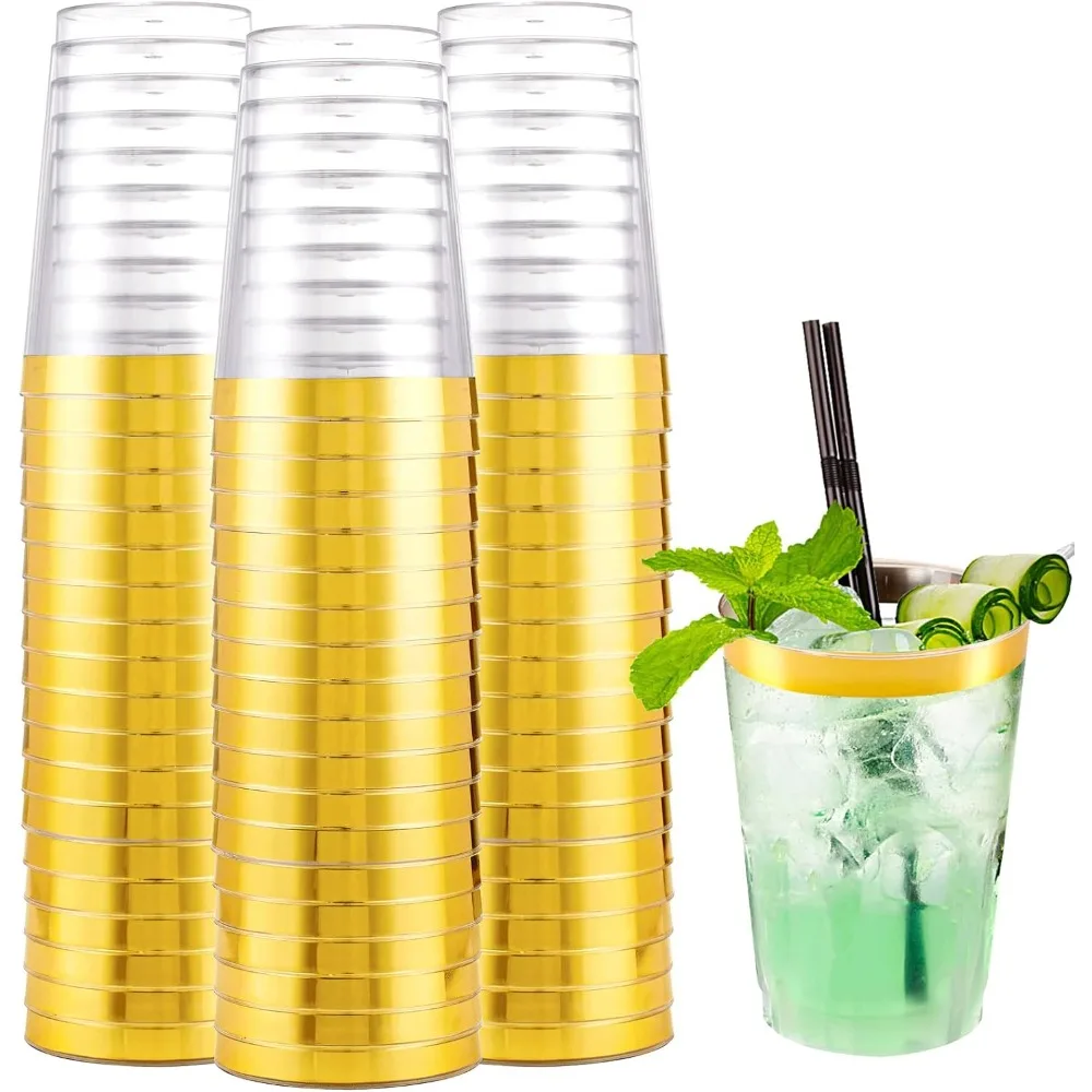 

200-Pack 10oz Gold-Rimmed Plastic Cups for Fancy Parties & Weddings.