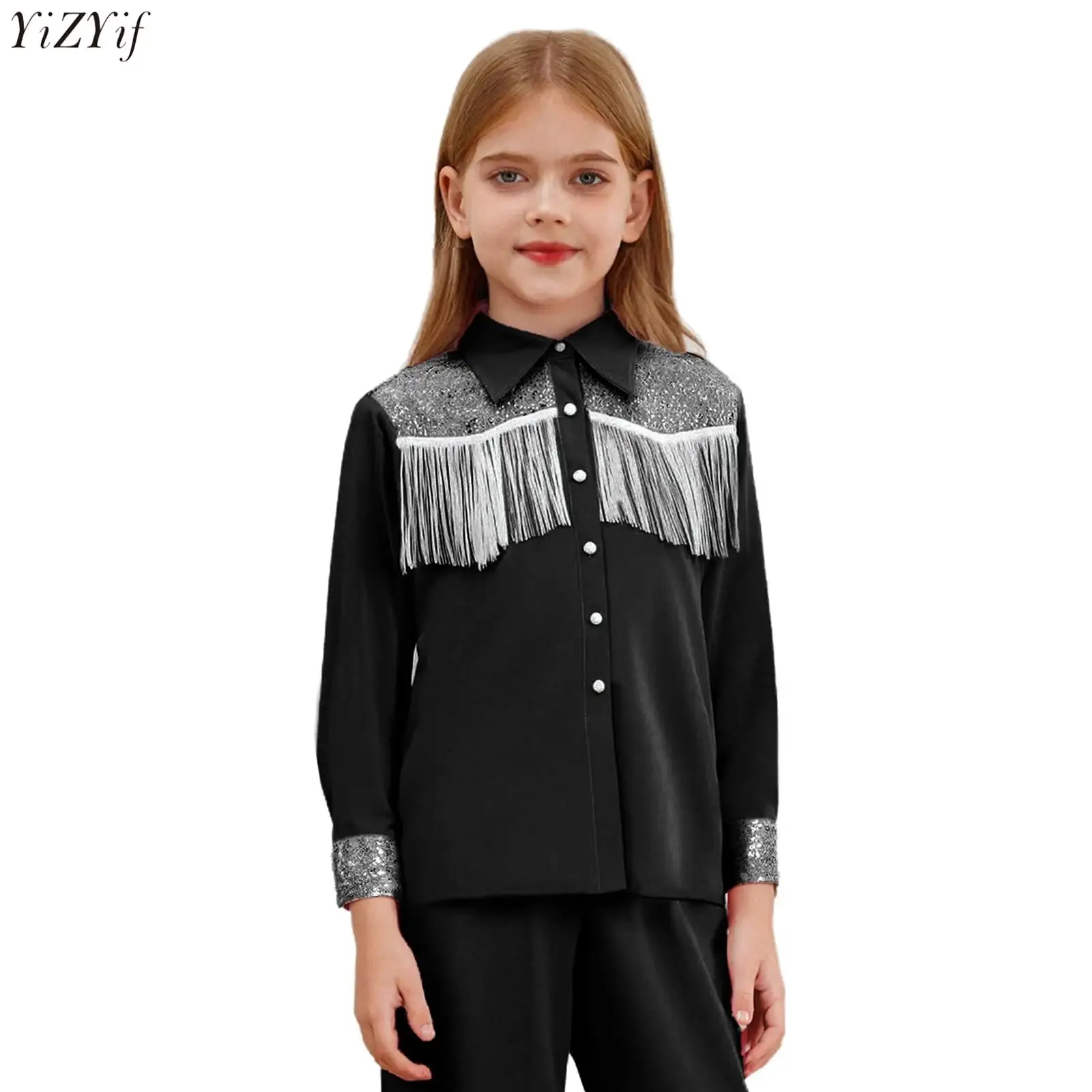 

Girls Western Cowgirl Costume Lapel Long Sleeves Button-down Shirt Sequins Fringe T-Shirt Carnival Halloween Dress Up Costumes