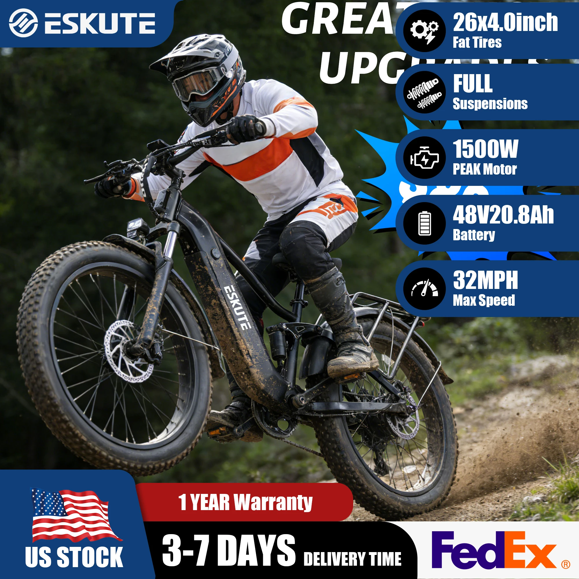 

ESKUTE C300R SO Electric Bicycle – 26" Fat TireEelectric Bike, 1500W Peak, 32MPH, 48V 20.8Ah Battery Commuert EBike，UL2849