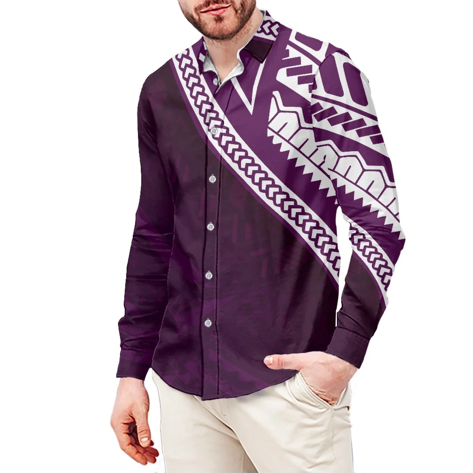 

Polynesian Tribal Pohnpei Totem Tattoo Prints Men's Casual Long Sleeve Trends Button-down Collared Business Dress Shirts Slim