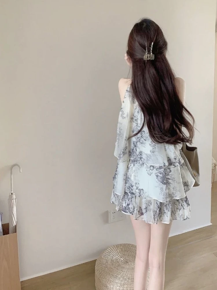 

Ladylike Style 2026 Summer Trendy Ink Wash Print Halter Sleeveless Top Skirt Two Piece Women Set