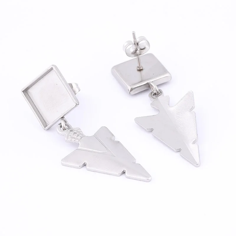 10pcs Stainless Steel Fit 10mm Square Cabochon Earring Base Blanks Studs With Triangle Charms Diy Jewelry Making Accessories