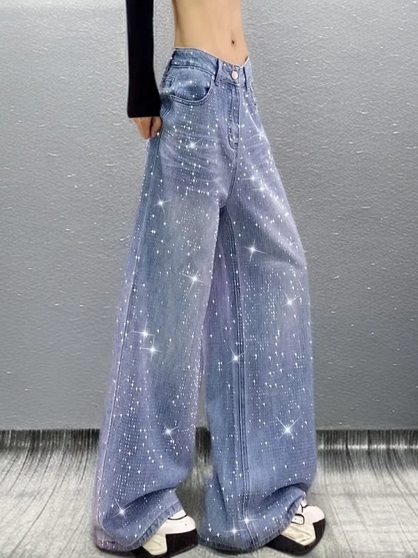 

Весенние женские джинсы с высокой талией и широкими штанинами, повседневные, с декоративными стразами, из плотного денима, с эффектом похудения