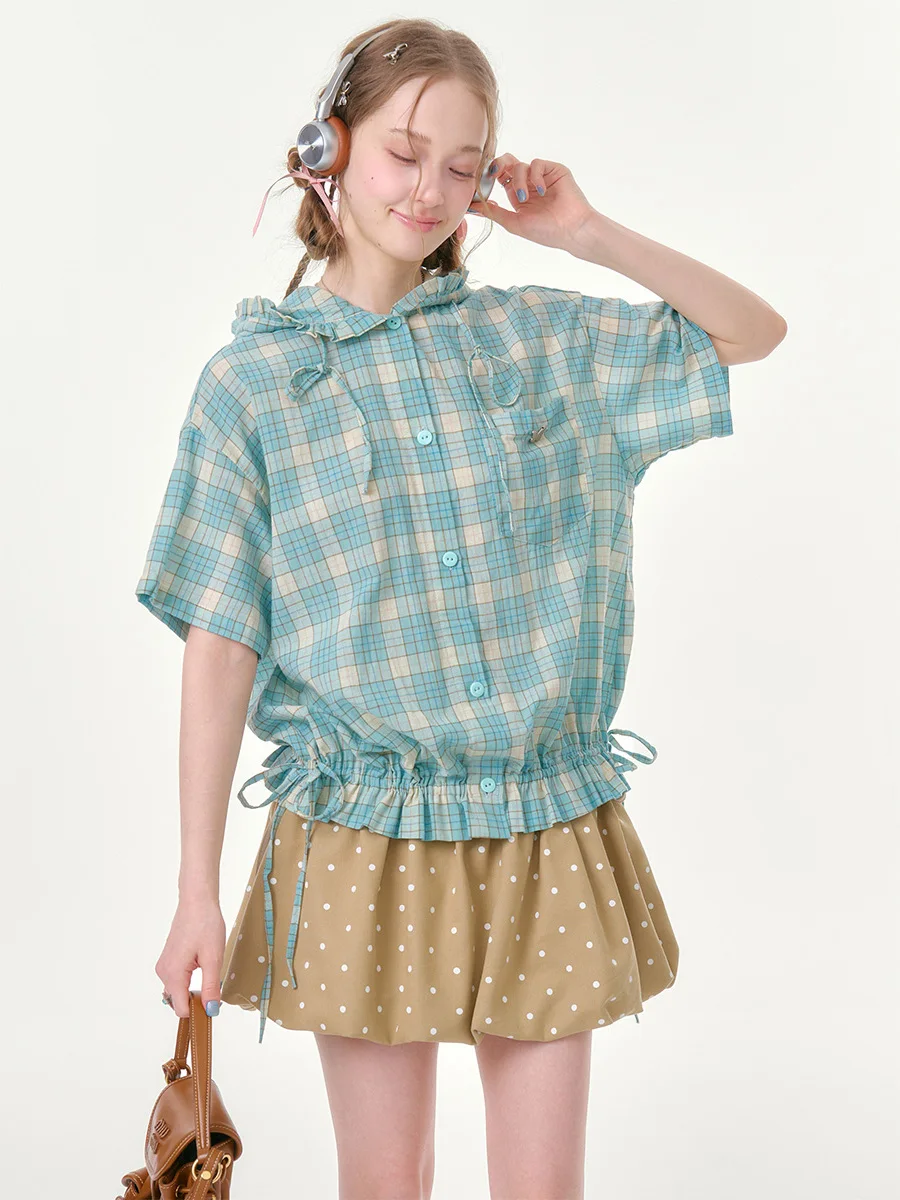 

ZiziFei Summer Vintage Salted Lemonade Checkered Short Sleeve Shirt Women's Hooded Hem Ruffle Loose Fit Breathable Skin-friendly
