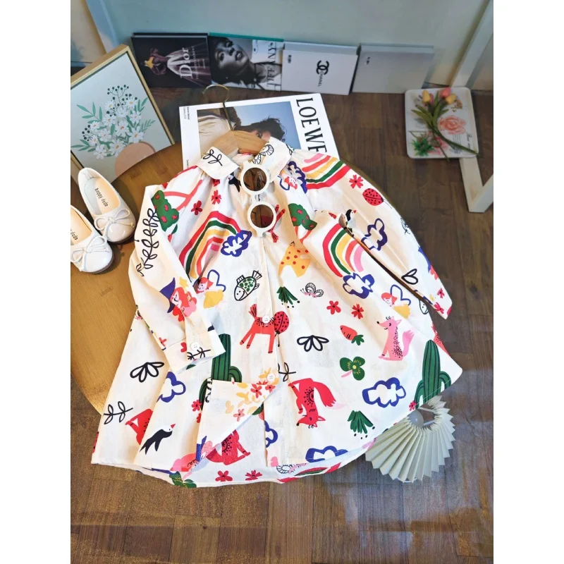 

2024Autumn and Winter New Girls' Dress Cute Cartoon Graffiti Dress Shirt SkirtWS