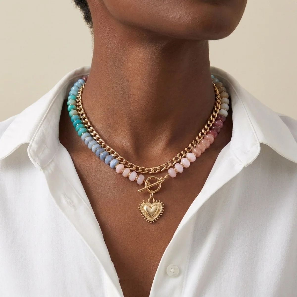 Y2K-Halskette mit Herzanhänger aus farblich abgestuften Harzperlen für Damen und Herren, Liebesherz, bunte Acrylperlen, Choker, ästhetischer Schmuck – Detail 16