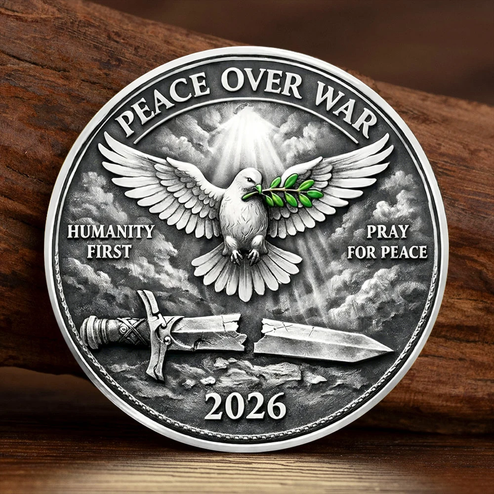 World Peace Prevails Over War Silvery Plated Commemorative Coin One World  2D UV Flat Printing Challenge Coin