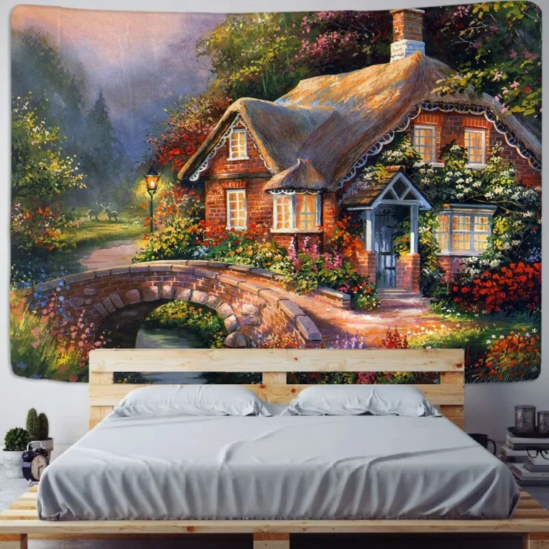 Fairy Tale Cottage Forest Tapestry Wall Hanging Bohemia Art Print Tapestry Room Home Decoration Hippie Pattern