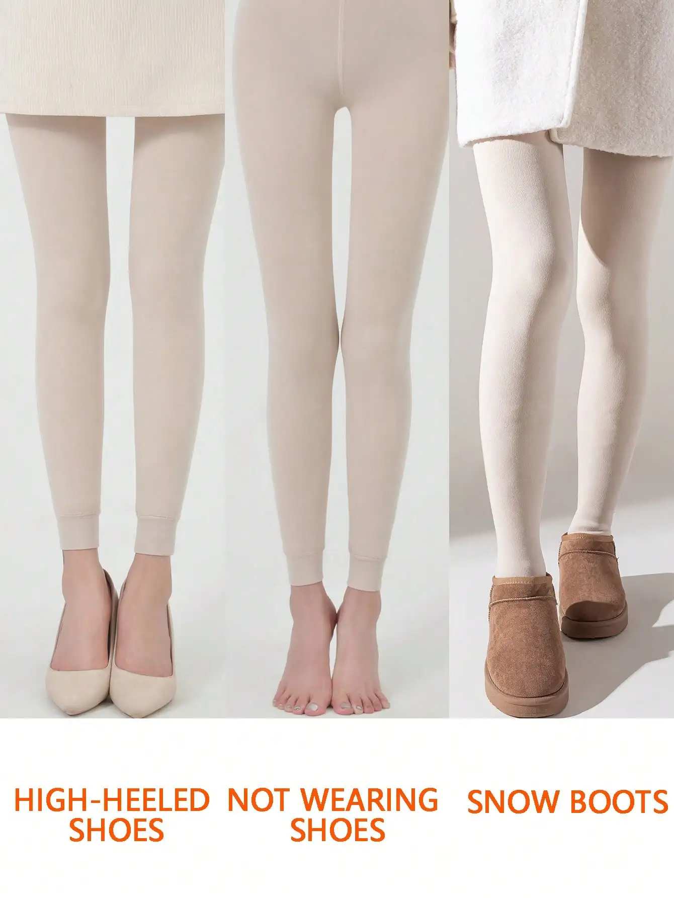 Thick Fleece Lined Thermal Leggings Solid Cream Color High Waist Warm Stretchy Pants For Autumn Winter Daily Matching