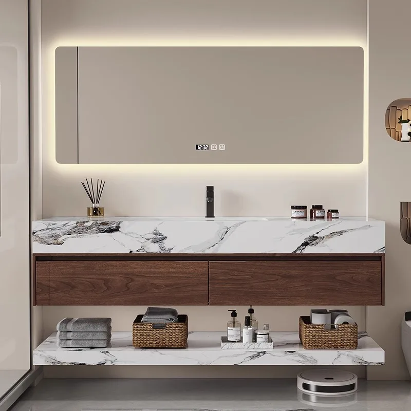 

Luxury Rock Slab Ceramic Seamless Integrated Basin Bathroom Washbasin Solid Wood Bathroom Cabinet Combination Sink Vanity