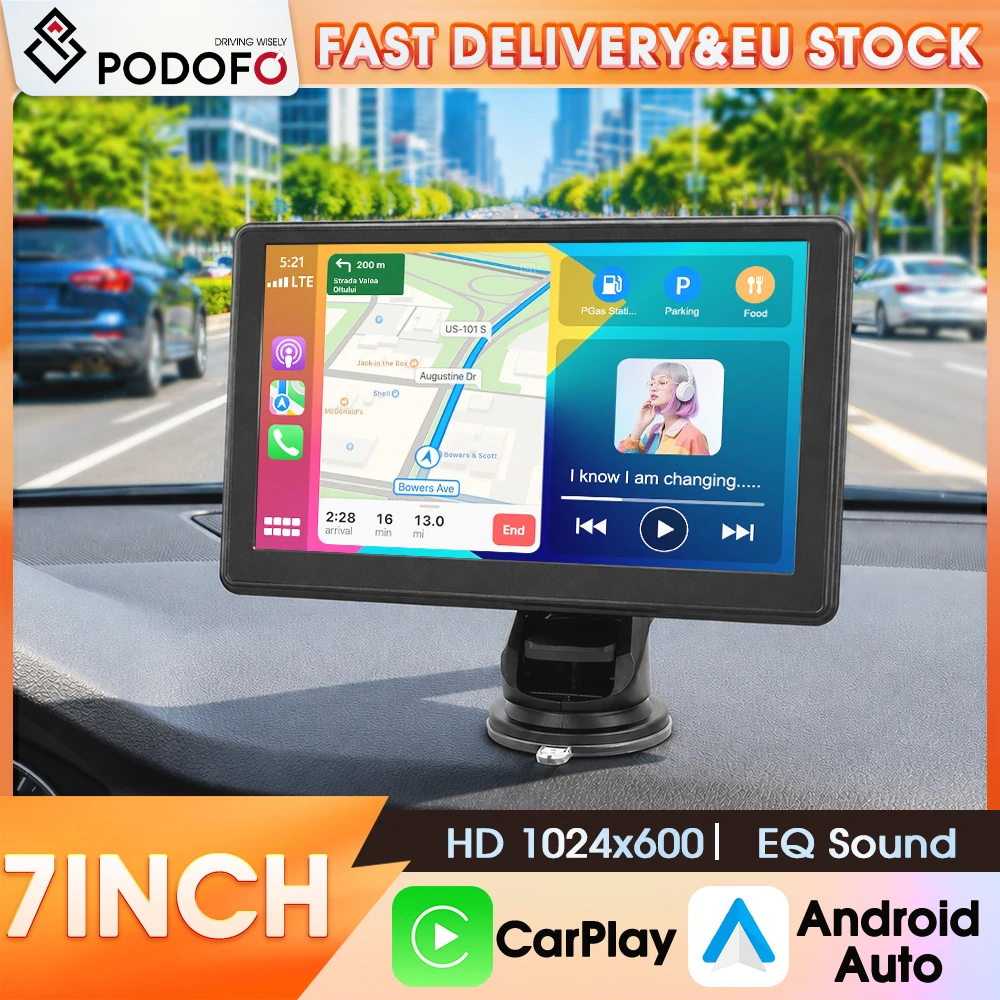 Podofo 7 Zoll Tragbarer Smart-Multimedia-Player für das Armaturenbrett, kabelloses CarPlay, Android Auto, Mirror Link, integrierte Dashcam, DVR-Recorder, Bluetooth, AUX, EQ, Audioanpassung,