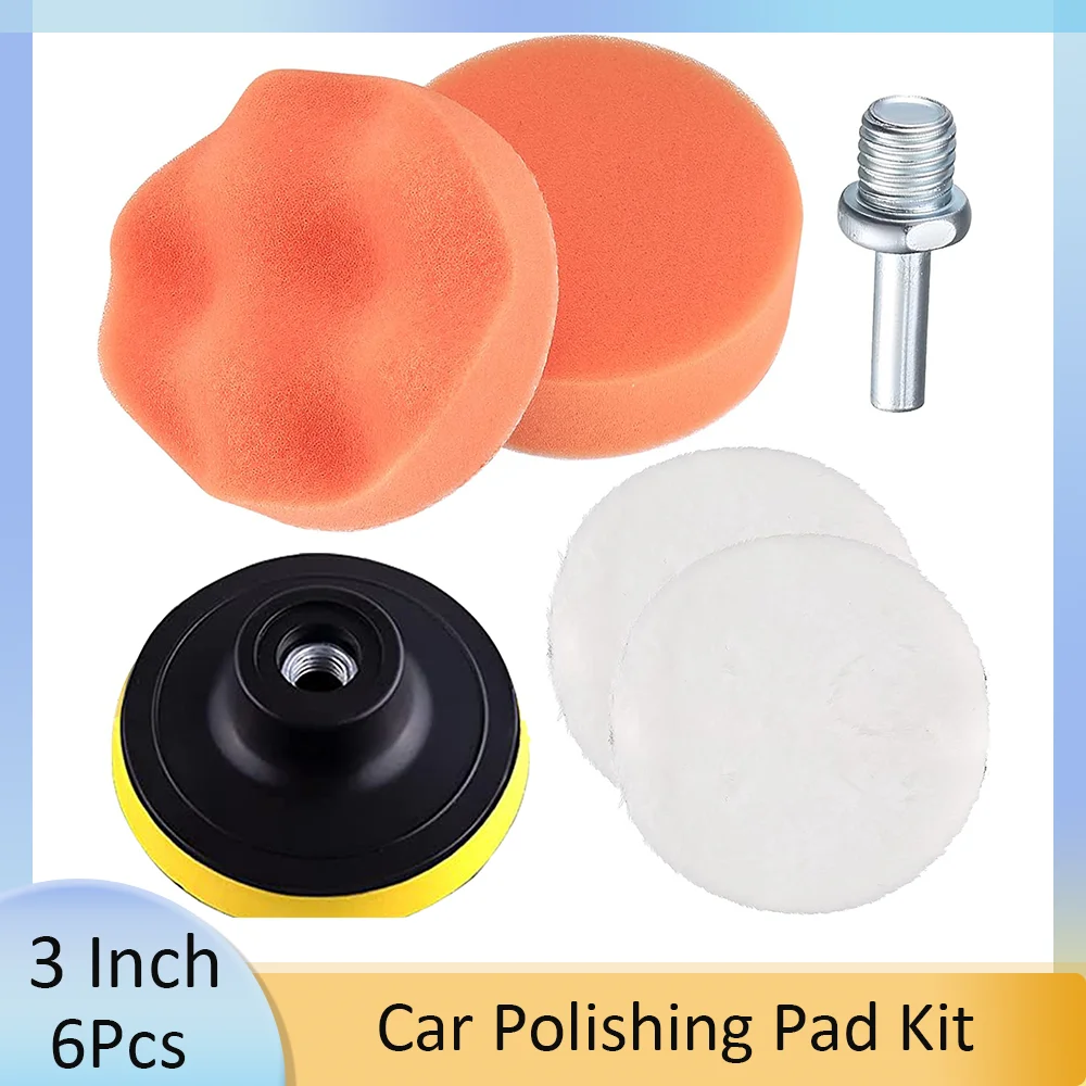 3 inch Car Polishing Pad Kit 6 Pcs Attachment with Buffing Wheel Polishing Waxing Wheel for Drill Sponge and Wool Wheel