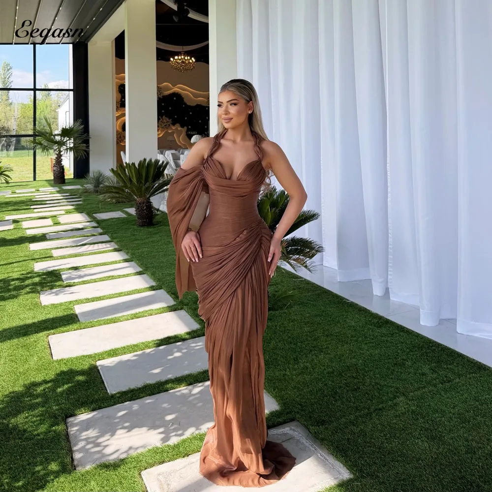 Eeqasn Customized Brown Intricate Matching Chiffon Pleat Ruched Tiered Halter Floor-Length Evening Dresses For Birthday Party