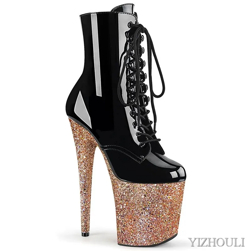 

20 cm sexy sequined waterproof platform black vamp, stiletto boots 8 inches high pole dancing model party ankle boots