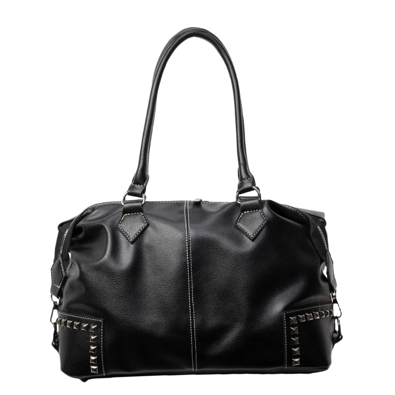 

Large PU Leather Handbags Women England Style Rivets Retro Shoulder Bags Classic Solid Black Casual Totes Female Packages 2024