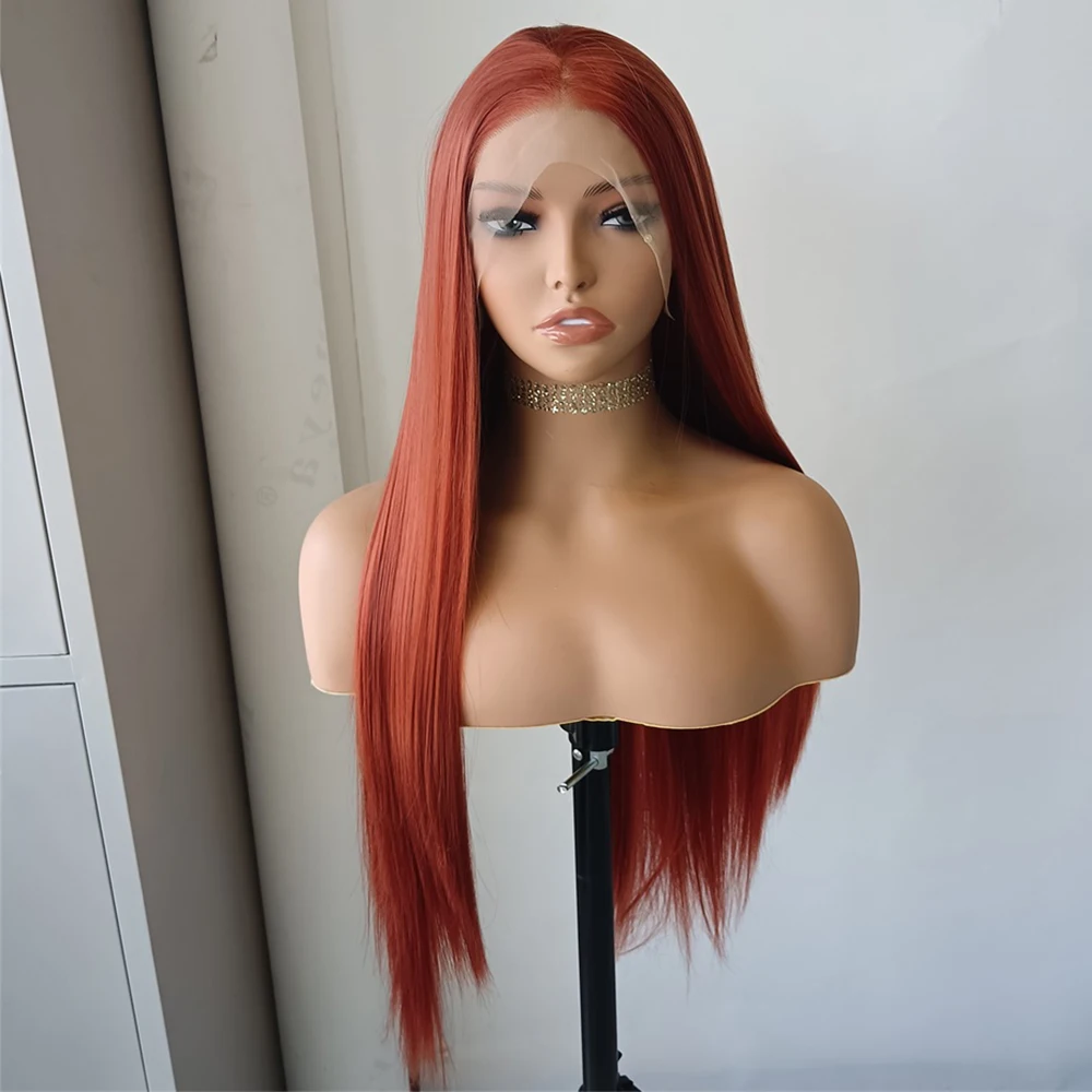 13X4 Copper Red Straight Lace Wig Synthetic Frontal Lace Wigs For Women Long Silk Straight Wig Red Hair Cosplay Daily Wear Life