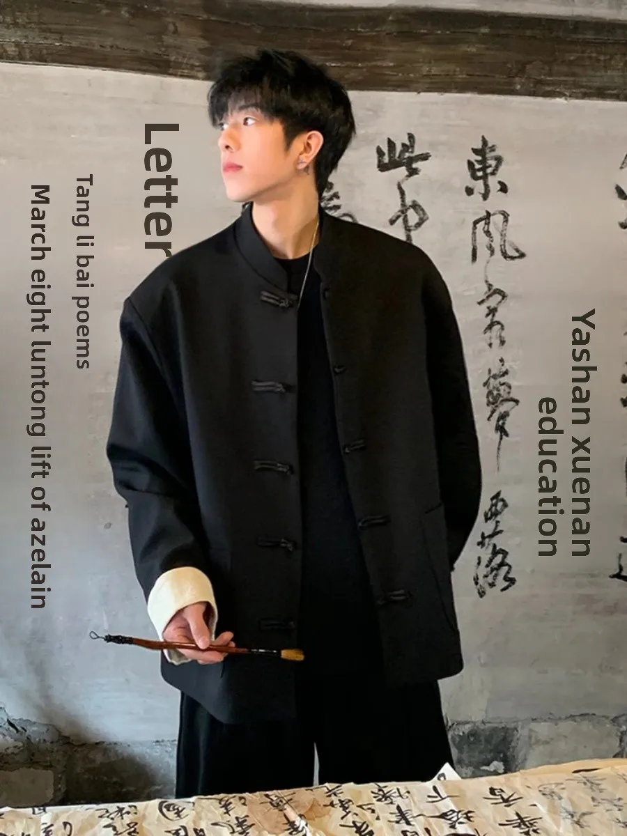 

Casual Bla Jaet Collar Design Men's Women's Retro Chinese Sle Buttoned Coat Youth ular Spring Autumn Winter Outerwear