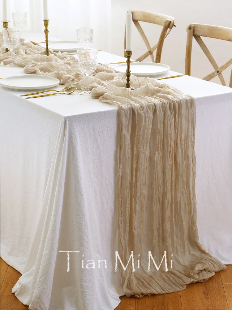 Lovely Semi-Sheer Gauze Table Runner Beige Cloth Cheesecloth Adding Delight To Rural Retro Wedding and Party Table Settings