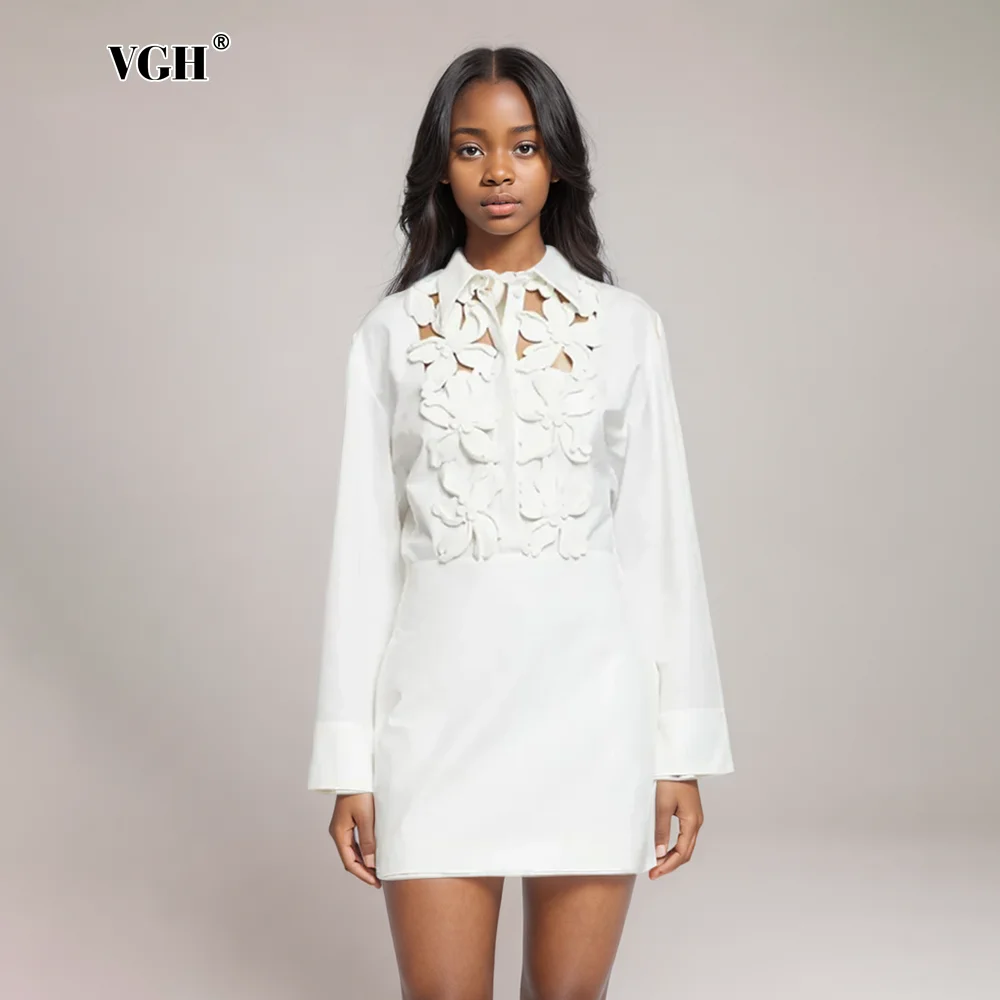 

VGH Hollow Out Solid Slimming Dresses For Women Lapel Long Sleeve High Waist Elegant Patchwork Appliques Mini Dress Female New