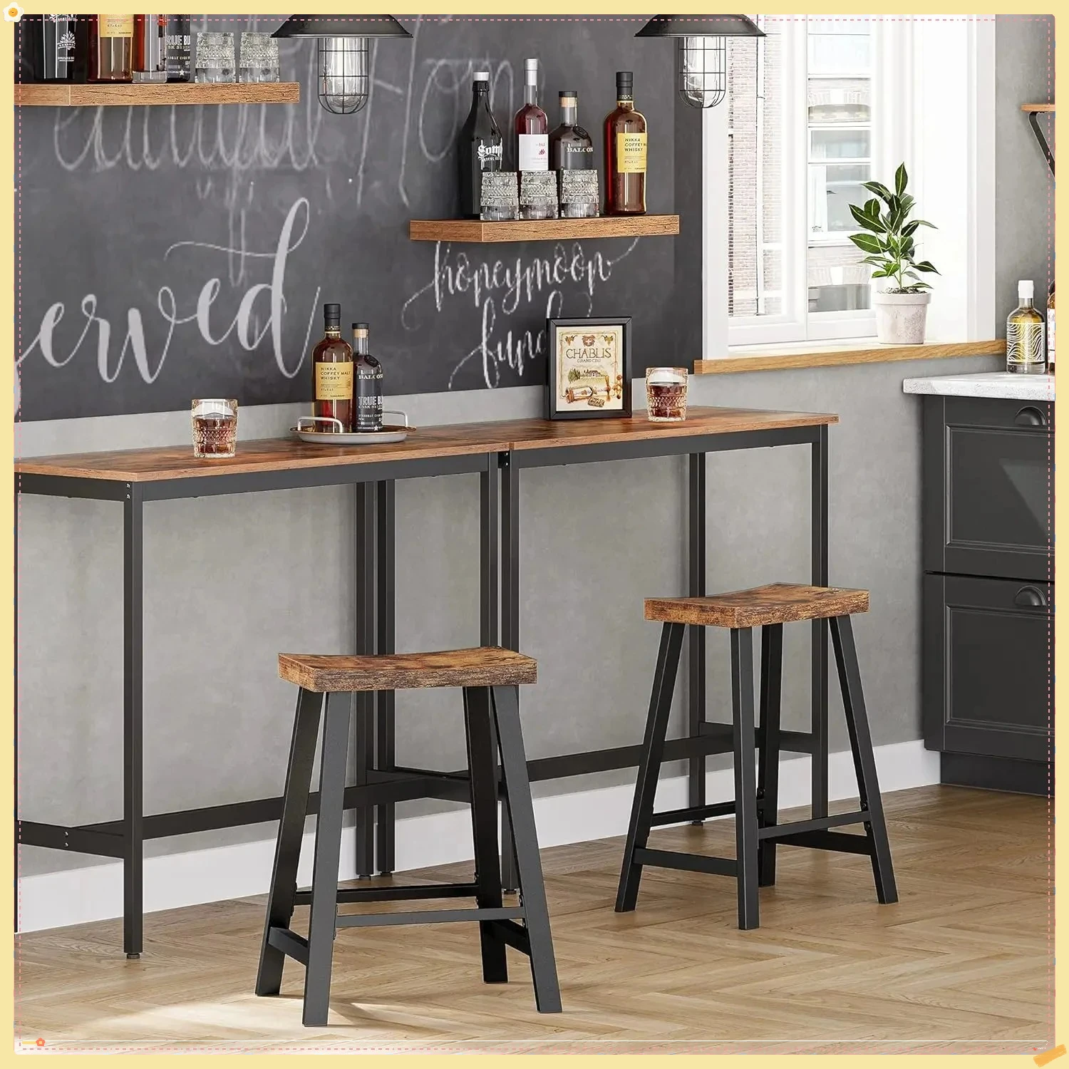 Taburetes de bar, juego de 2 sillas de bar, taburetes de bar de cocina para desayuno con reposapiés, 23,6 pulgadas de alto, industrial en la sala de estar