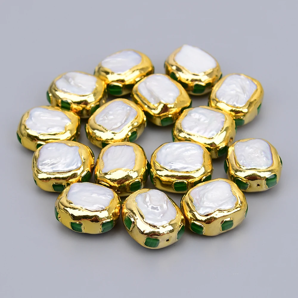 APDGG 5 Pcs 22x26mm Cultured White Pearl Green Cat eye Paved Gold Plated Rectangle Spacer Beads For Jewelry Making DIY
