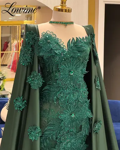 Morgonrock Grön Kapärm Muslimsk Aftonklänning 2025 Anpassad Arabisk Dubai Blommig Spets Bröllopsfestklänning Förlovningsklänningar 8 best sales Muslimsk förlovningsklänning - №8