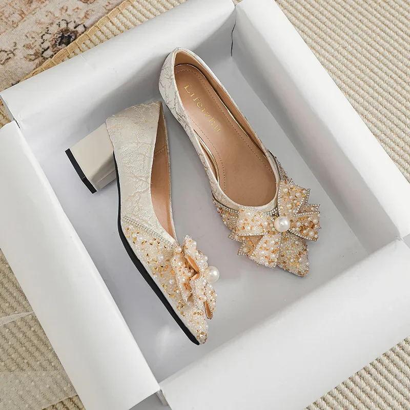 

Новая женская обувь, модные туфли-лодочки, туфли на высоком каблуке с кристаллами и бантом, вечерние красивые модельные туфли для девочек