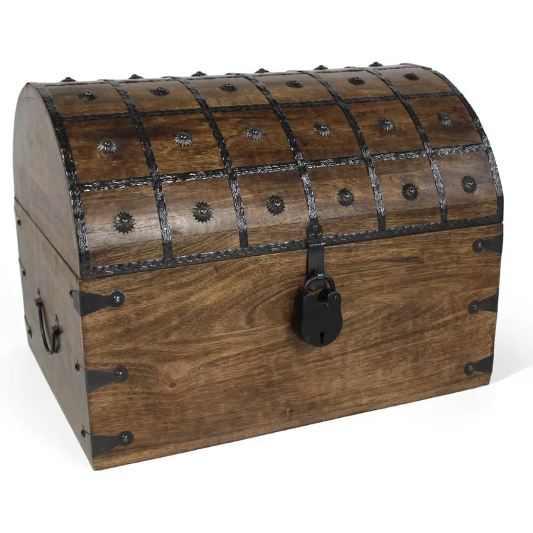 Pirate Treasure Chest with Iron Lock and Skeleton Key - Wooden Storage and Decorative Box (XXX-Large 21 x 15.75 x 15.75)