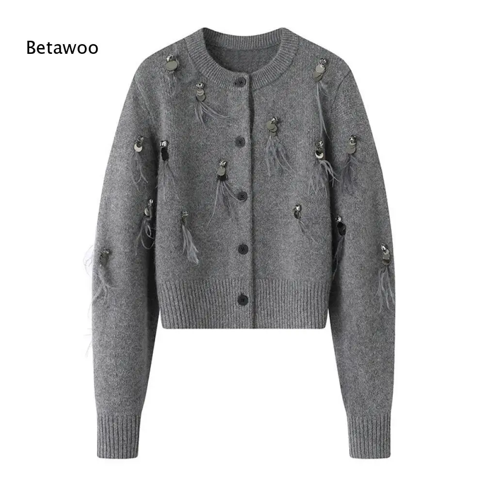 Long Sleeve Cropped Knit Cardigan with Embellishments