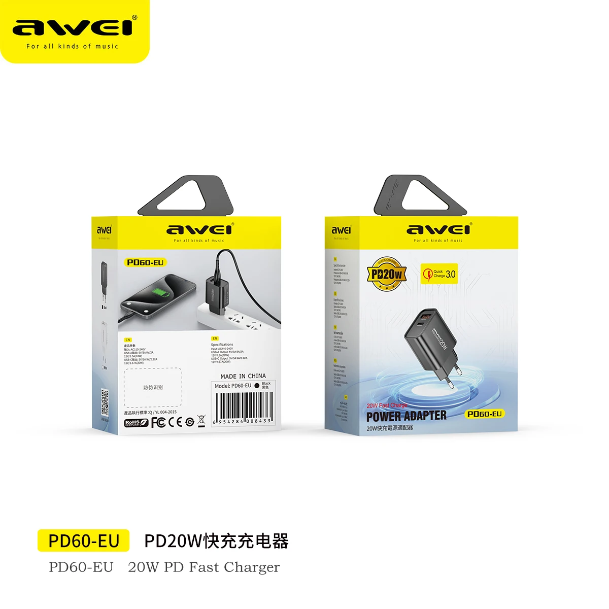 Awei PD60 20W 急速充電充電器 Type-C ポートとマイクロポート UK EU US プラグ 複数のモバイルデバイスに適応して急速充電器