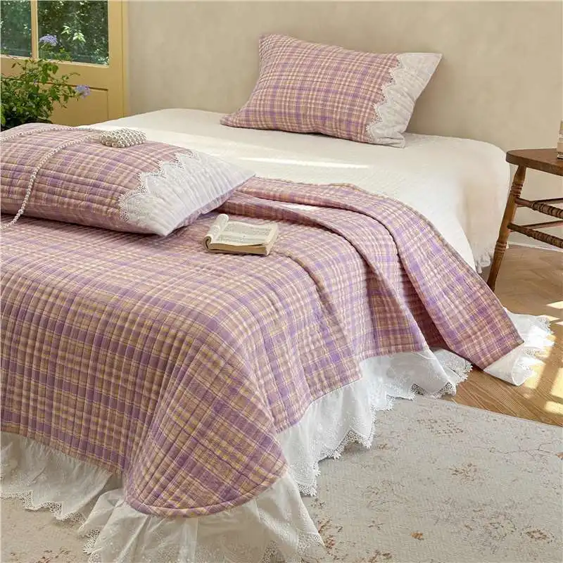 

French Style Plaid Cotton Quilt Bedspread Set 3Pcs Queen Size with Lace Trim, Quilted Coverlet All Season Home Decor Bedding