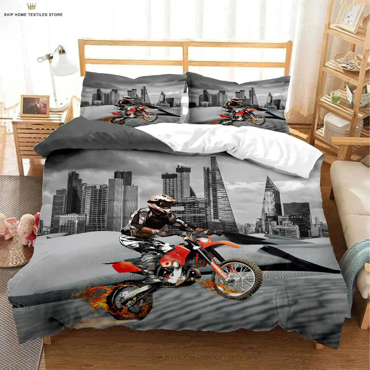 Desert Cool Motorcycle 3d Stereo Printing Quilt Cover Bedding Set Quilt Cover Pillowcase Three-Piece Set Machine Washable