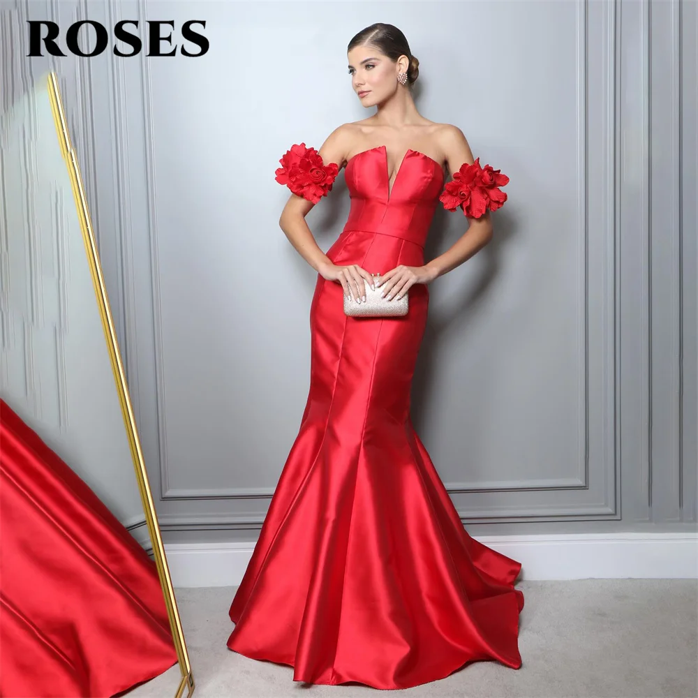 

ROSES Red Mermaid Special Occasion Dresses Off the Shoulder 3D Flower Formal Gown Stain Long Evening Dresses vestidos de fiesta