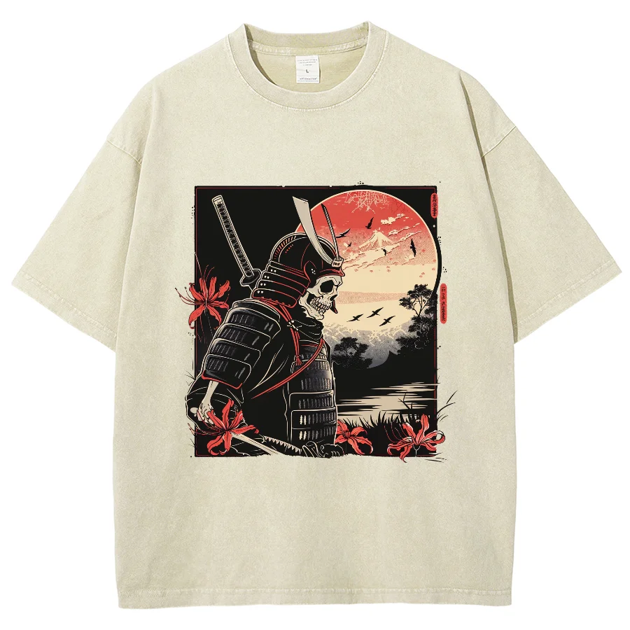 Skeleton Ukiyoe Samurai Shirt, Hiphop Tops Y2K Washed T-shirt, Oversized Streetwear Vintage Washed Surf T-shirts For Men Women