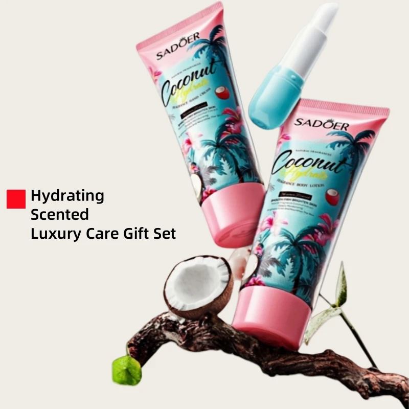 Sadoer Coconut Water Fragrance Luxury Gift Set, Includes Body Lotion 100g, Hand Cream 30g, Lip Balm 3.8g, Rich in Coconut Extract, with a Fresh Natural Coconut Scent, Deeply Moisturizes and Firms, Nourishes the Skin, Improves Dry and Rough Skin Condition, and Creates Soft and Smooth Skin The Product Comes with a Gift Box, Making It a Perfect Gift for Your Mother or Girlfriend.