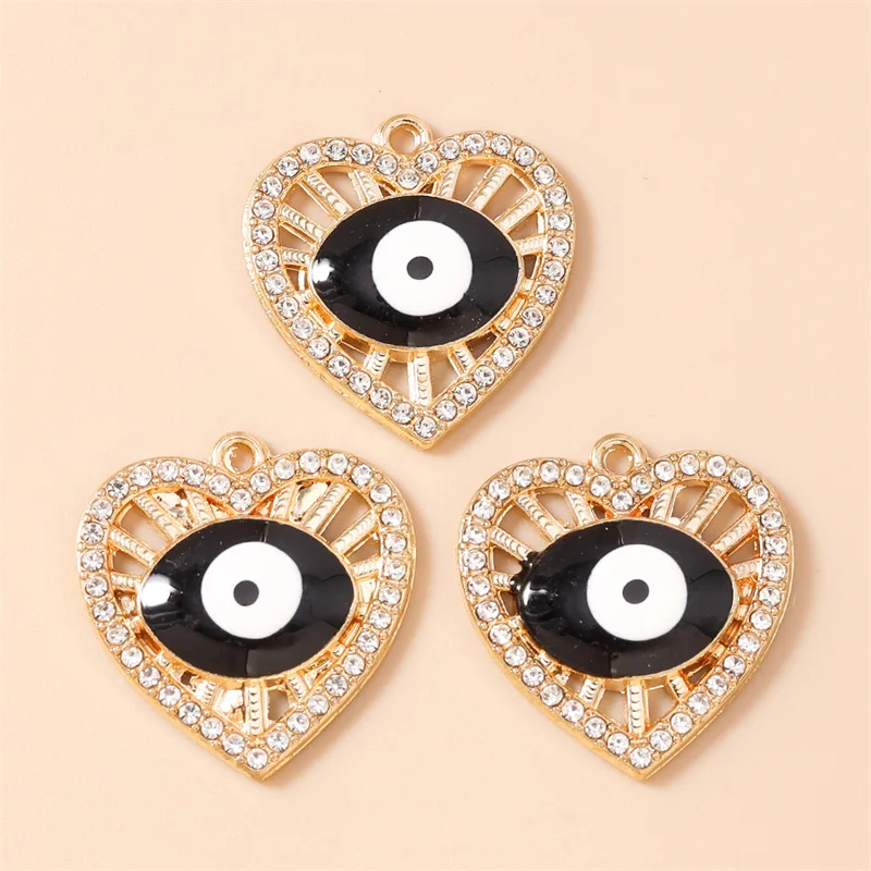 Leslie 10pcs Gold Color Metal Crystal Evil Blue Eye Heart Charms Pendants Handmade Necklaces Bracelets DIY Jewelry Making Craft