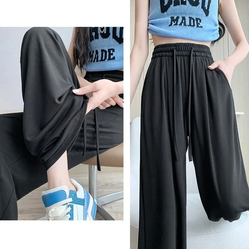 2024 Summer Women Concise Solid Color Sports Pants Lady Baggy Wide Leg Straight Leg Ice Silk Trousers Female High Waisted Slacks