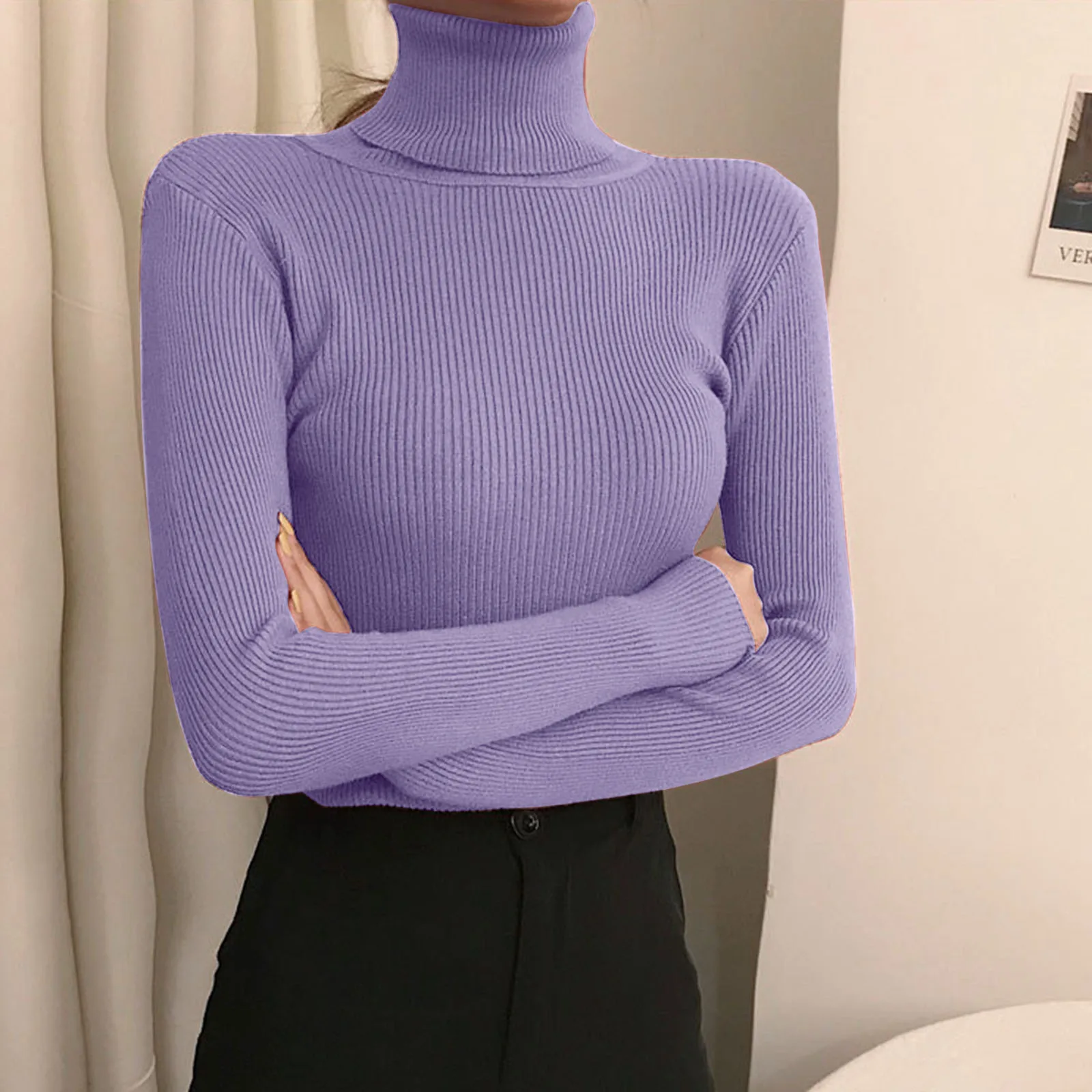 Womens Fashion Turtleneck Long Sleeved Knitted Bottoms Blouses Autumn Winter 2024 Tight Knit Sweater Slim Korean Style Knitwear