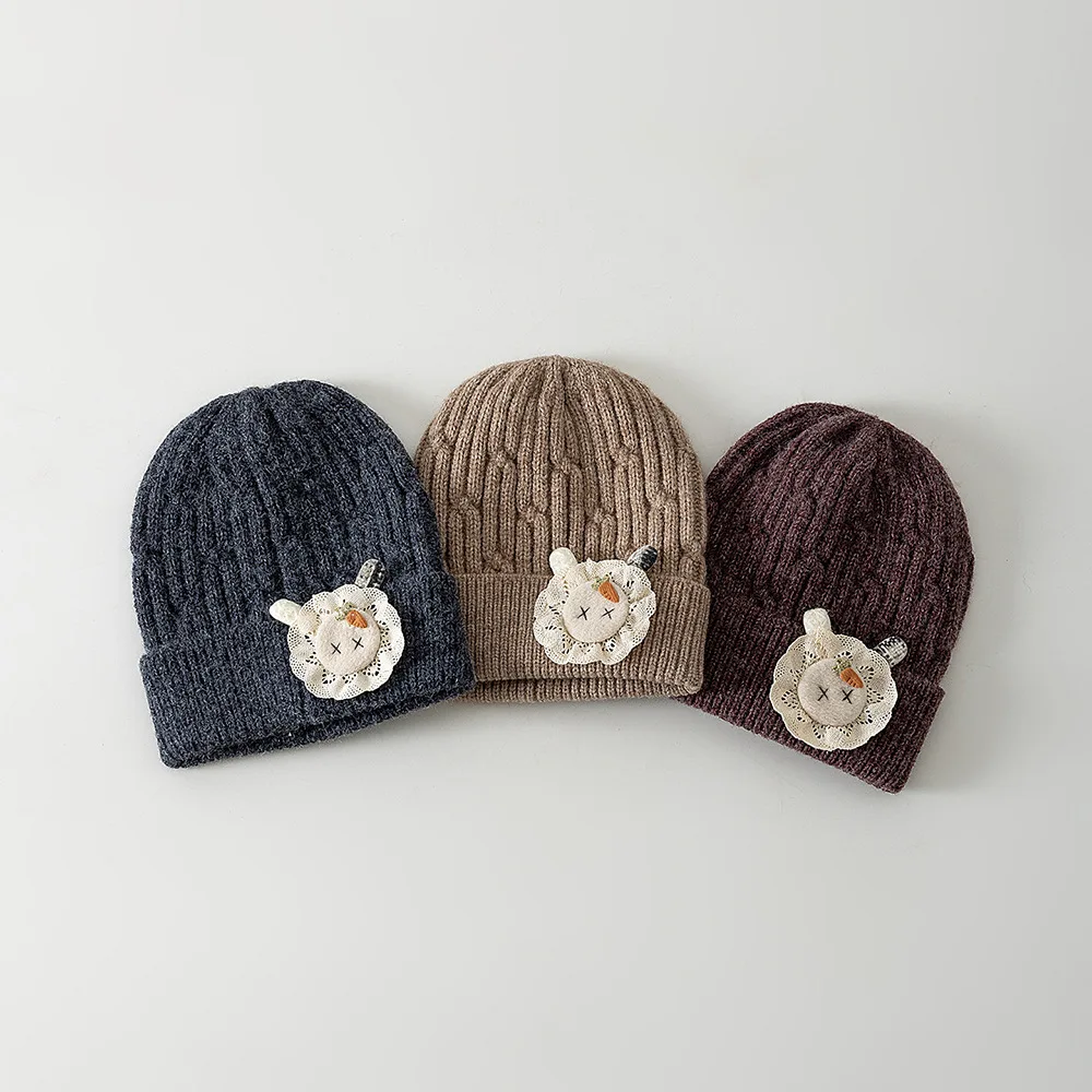 

Вязаная шапка с кроликом, милая детская шапка с героями мультфильмов для мальчиков и девочек, зимняя теплая пуловерная шапка, детская однотонная шерстяная вязаная крючком шапка