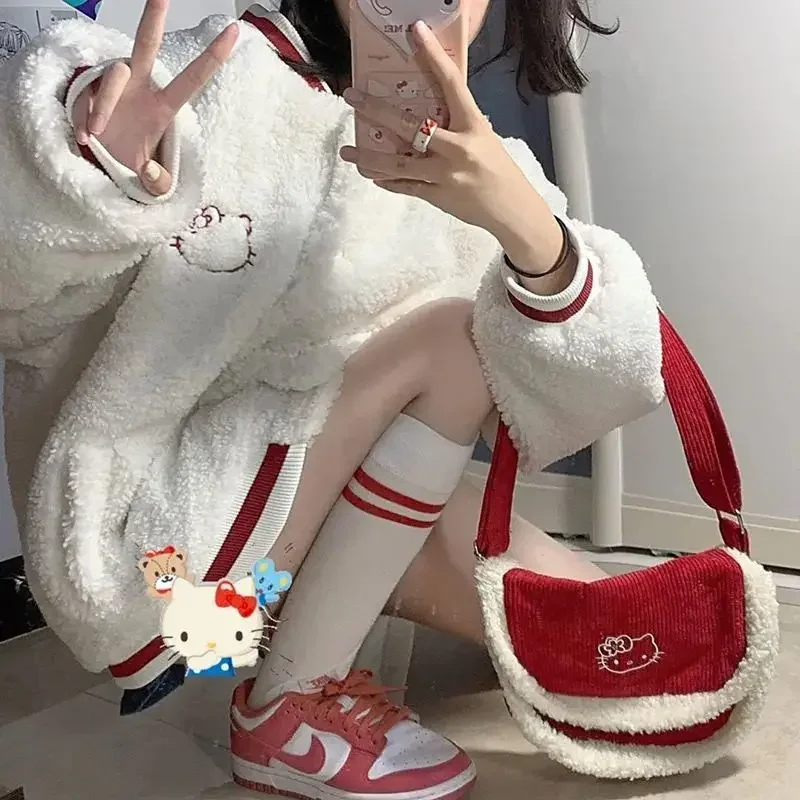

Korean new cute Hello Kitty embroidery girl coat lamb plush stitching casual baseball uniform spring autumn women jacket