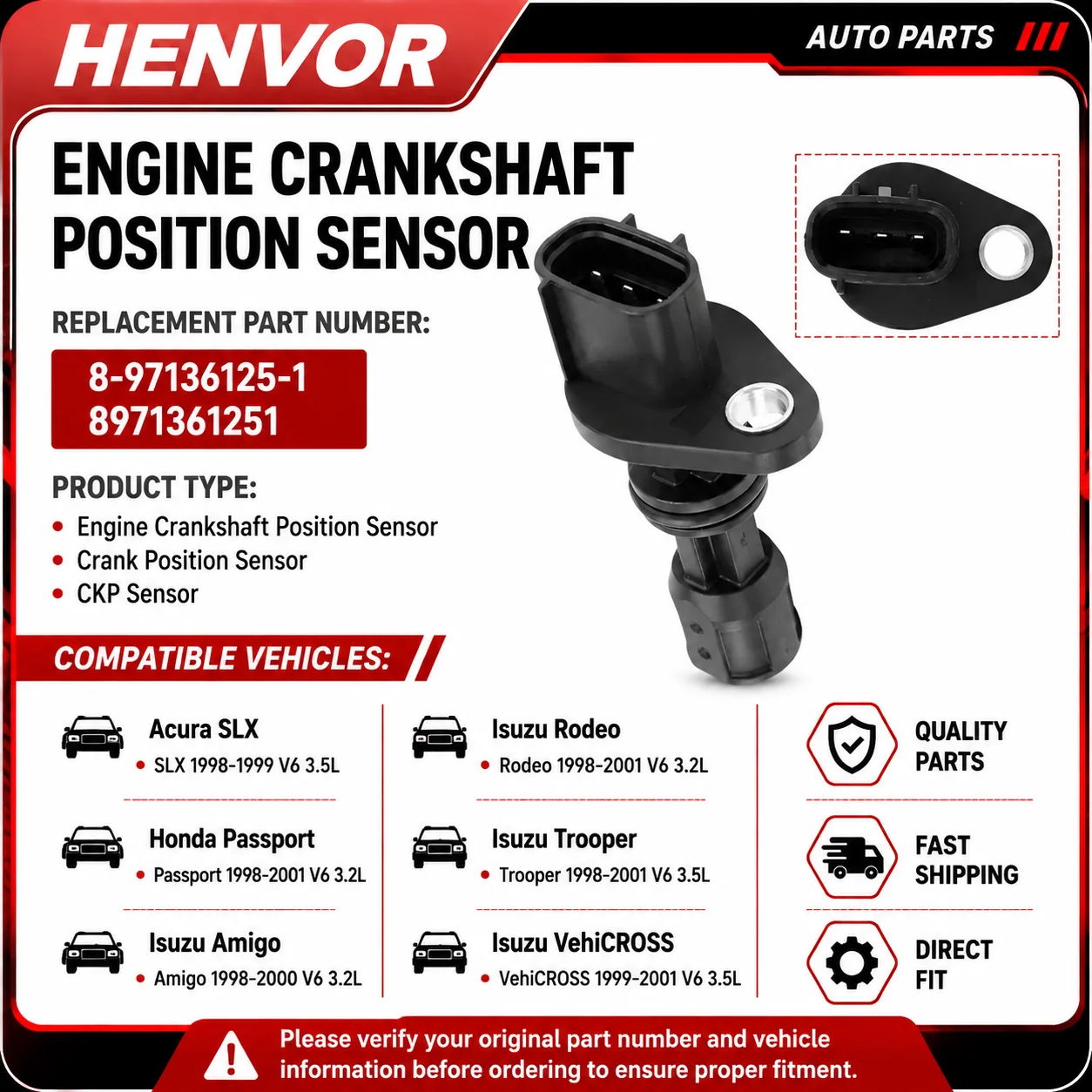 Engine Crankshaft Position Sensor 8-97136125-1 For Honda Passport Acura SLX Isuzu Amigo Rodeo Trooper VehiCROSS 3.2L 3.5L