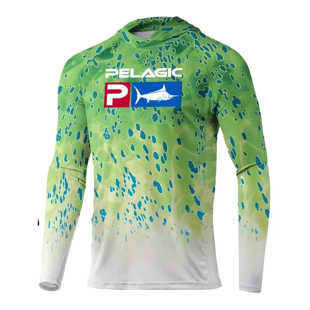 Roupa de pesca pelágica masculina, camiseta com capuz, camisa de pesca respirável, proteção solar, verão, upf 50 plus