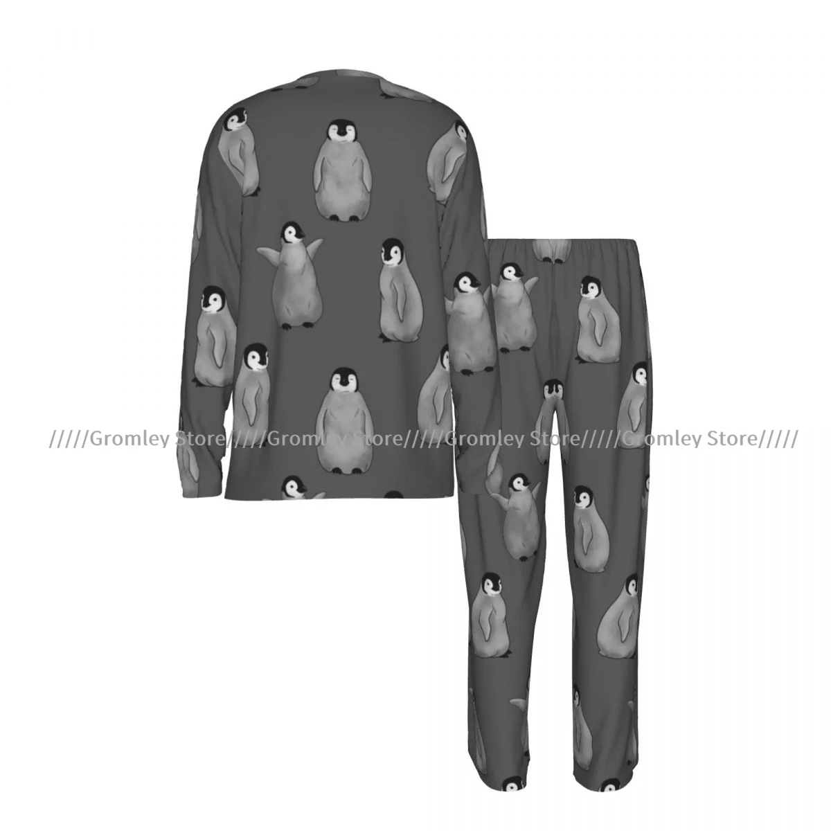 Men's Pajama Set Long Sleeve and Long Pants Cute Penguin Pattern Soft Sleepwear for Home