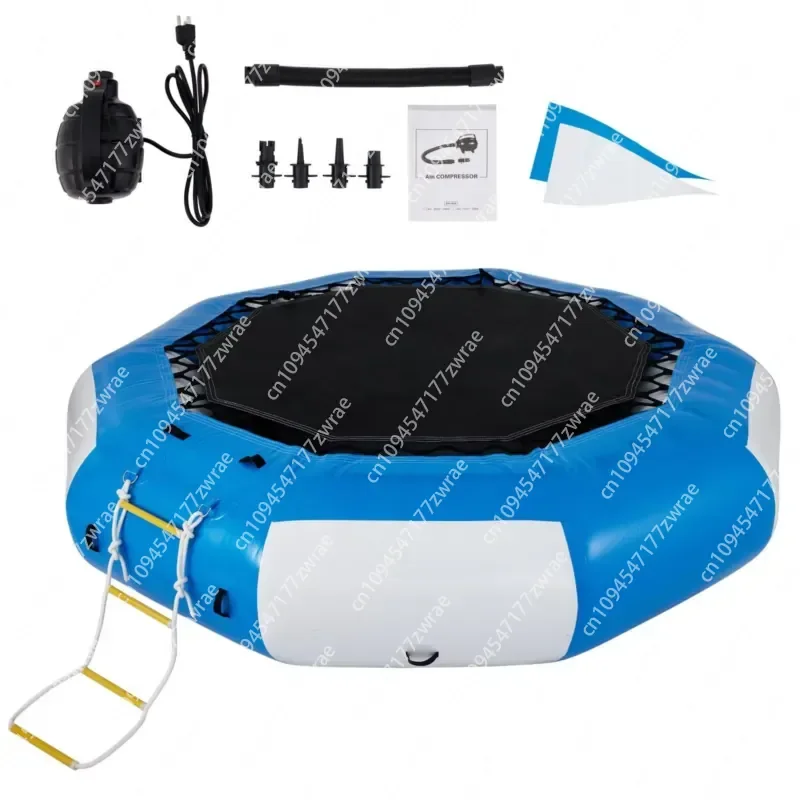 13ft Blue White Inflatable Water Trampoline with Escalator Recreational Water Bouncer Amusement Facility