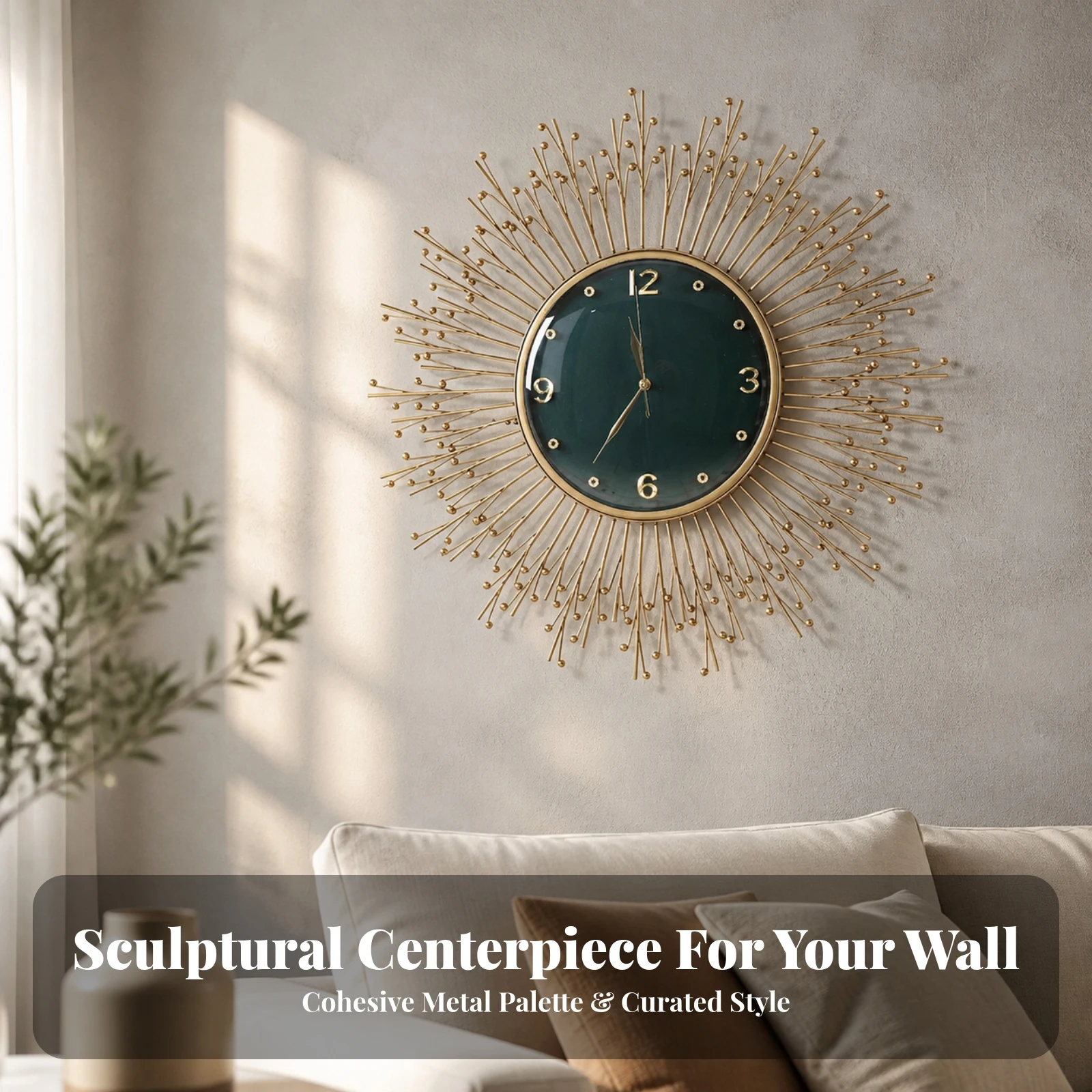 Modern Metal Starburst Wall Clock with Raised Arabic Numerals Decorative Wall Art for Living Room Bedroom Home Office