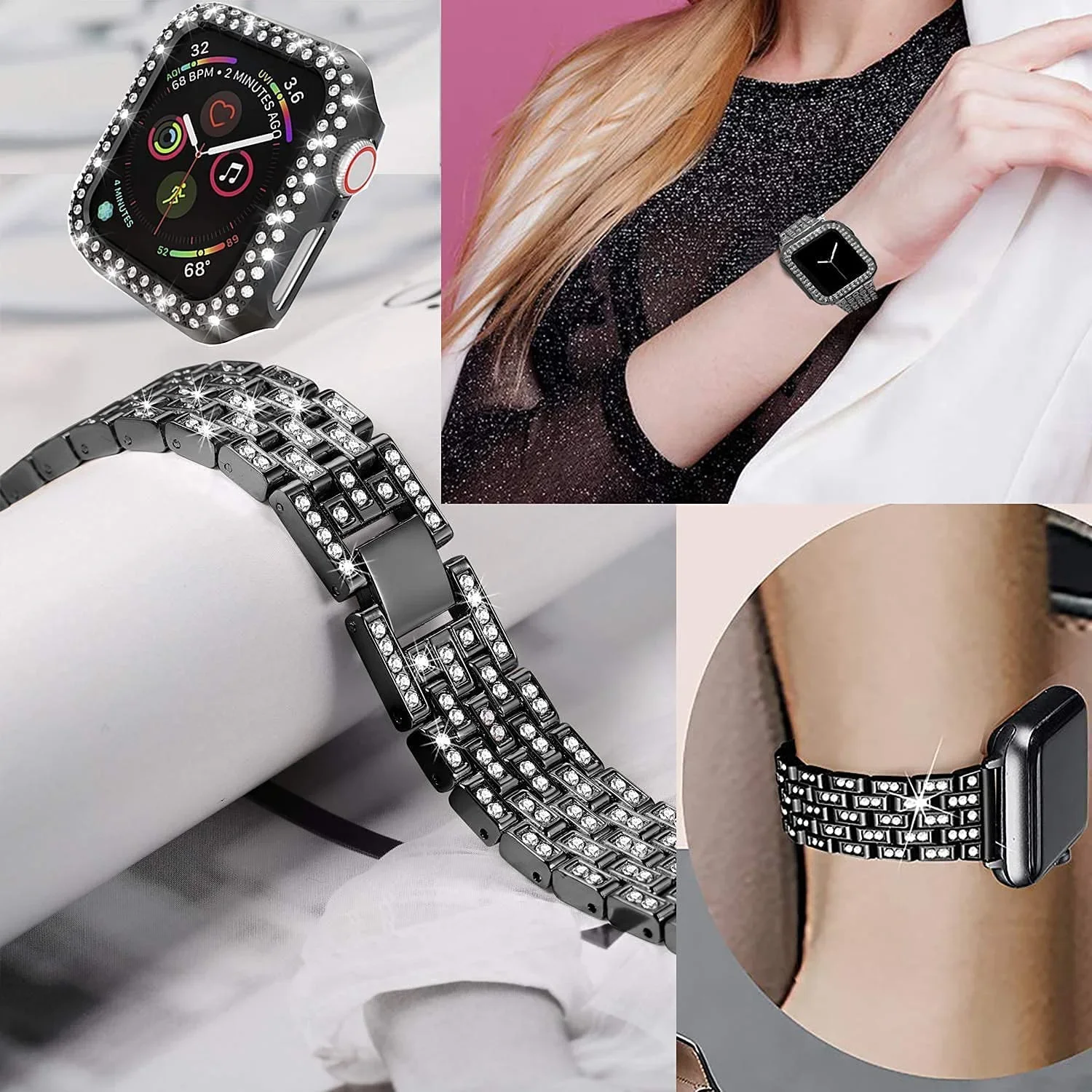 Strap For Apple Watch Band 45mm 41mm 40mm 44mm 42mm Glitter Metal Bracelet Diamond Protective Case iWatch Series 9 8 7 6 5 4 SE