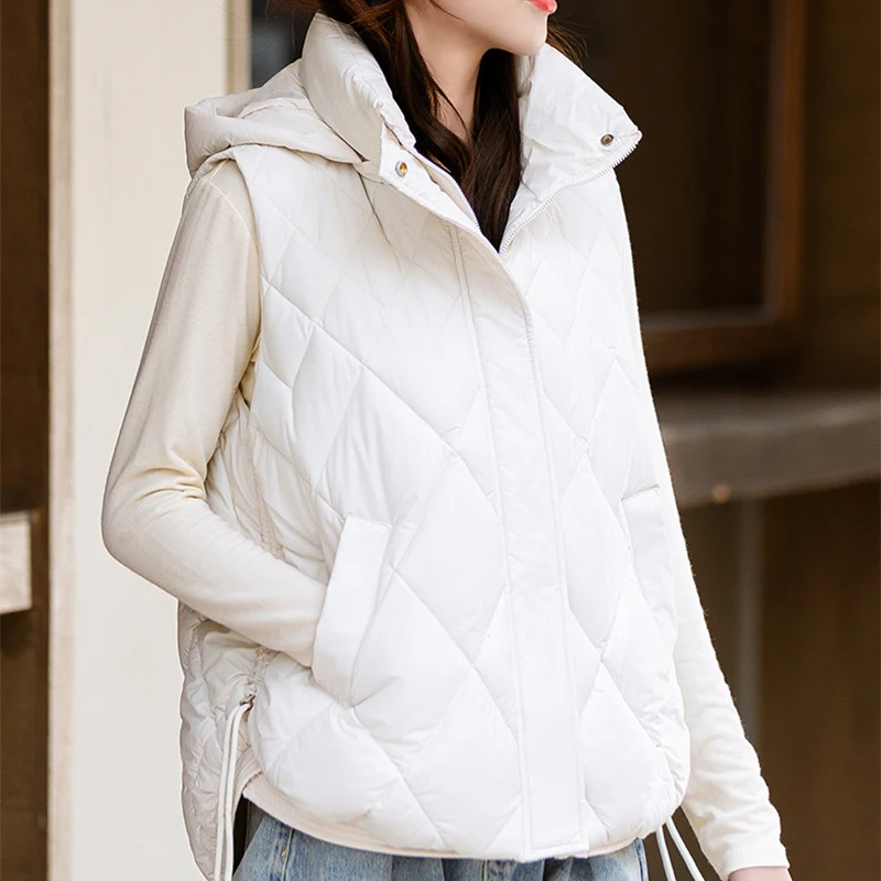 Tous les mathématiques col montant coton gilet femmes printemps automne Chic à capuche noir sans manches coton gilet femme fermeture éclair dessus chaud Mujer