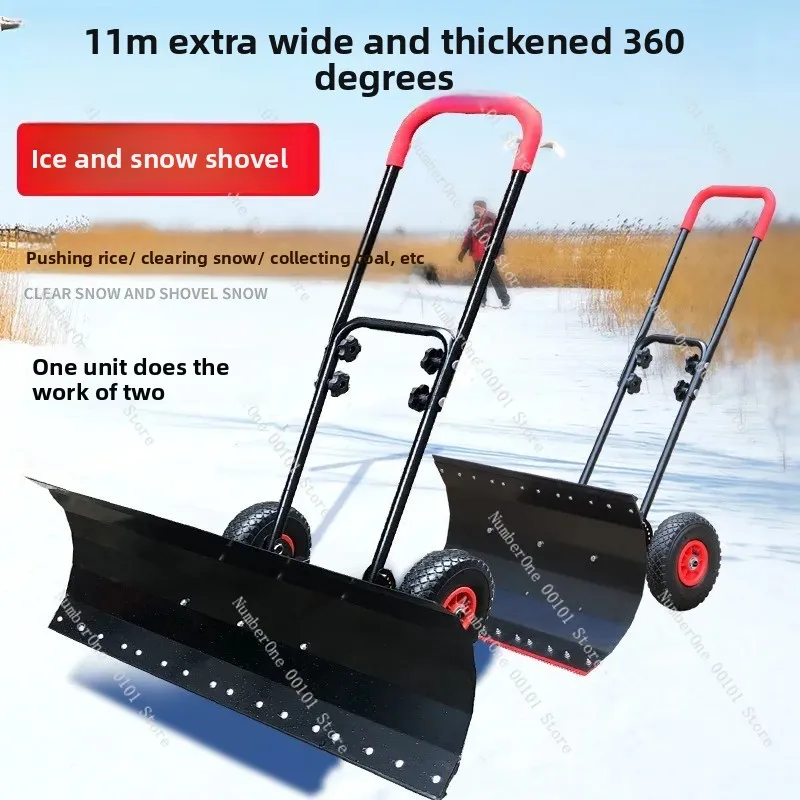 Multi-Function Snow Shovel Set, Heavy Duty Hand-Pushed Wheeled Design with Ice Scraper for Efficient Snow Removal