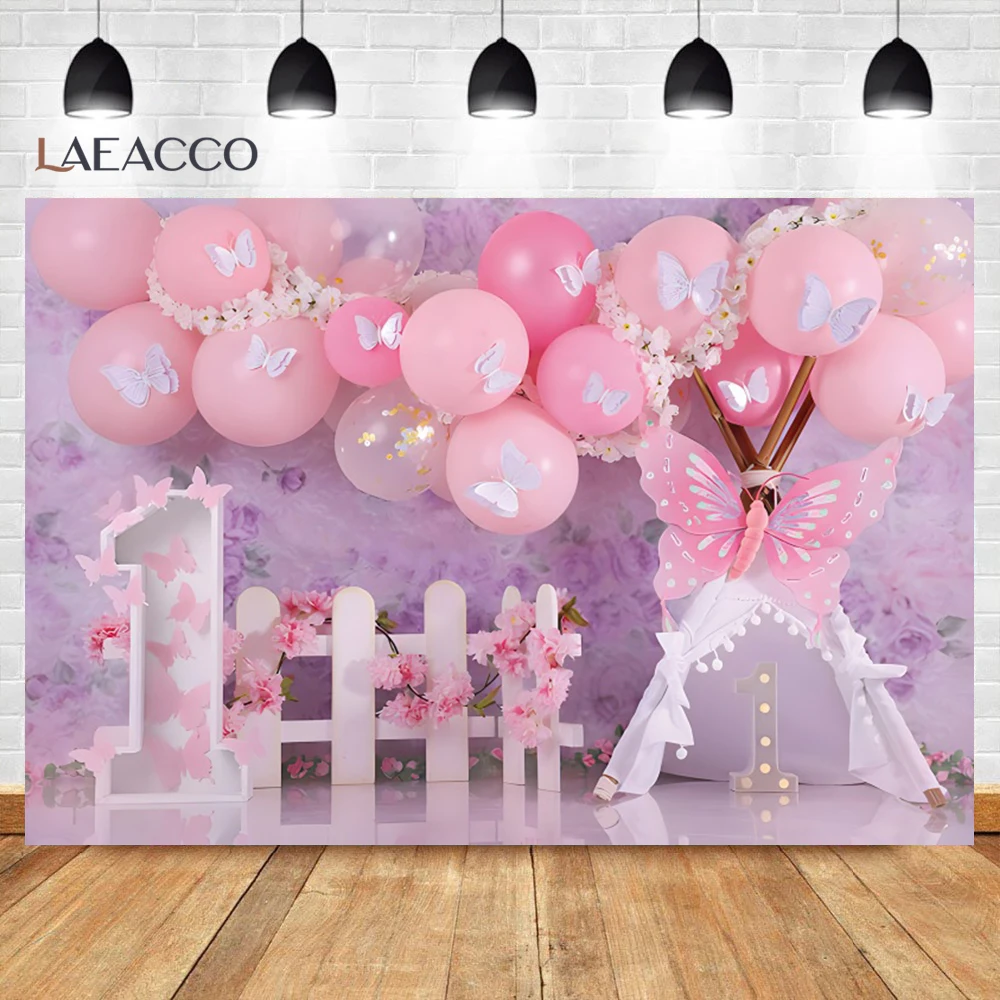 Flowers Butterfly Girls Birthday Backdrop Balloons Arch Door Baby Shower Cake Smash Portrait Photography Background Photo Studio