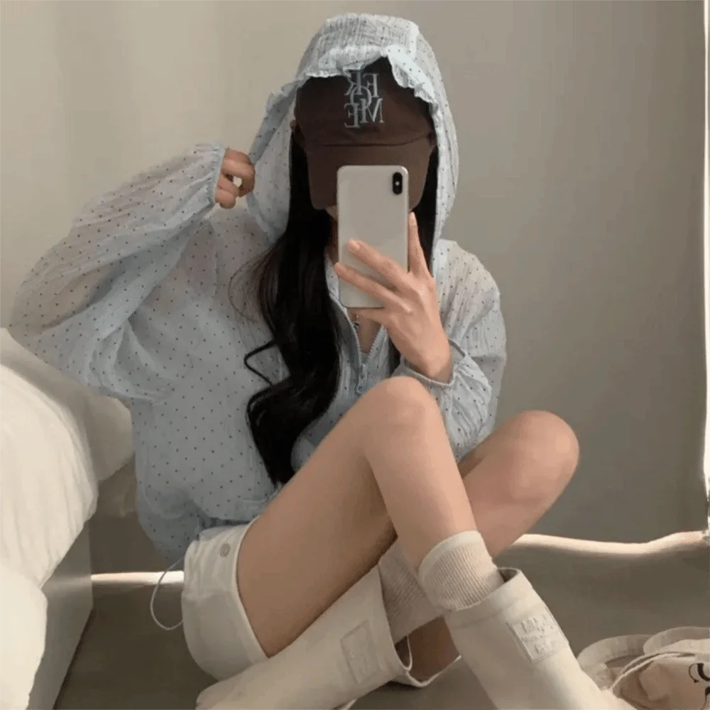 Summer Polka Dot Sun Protection Jacket Long Bubble Sleeve Thin Hooded Jacket Loose Fit Breathable Quick Dry Jacket